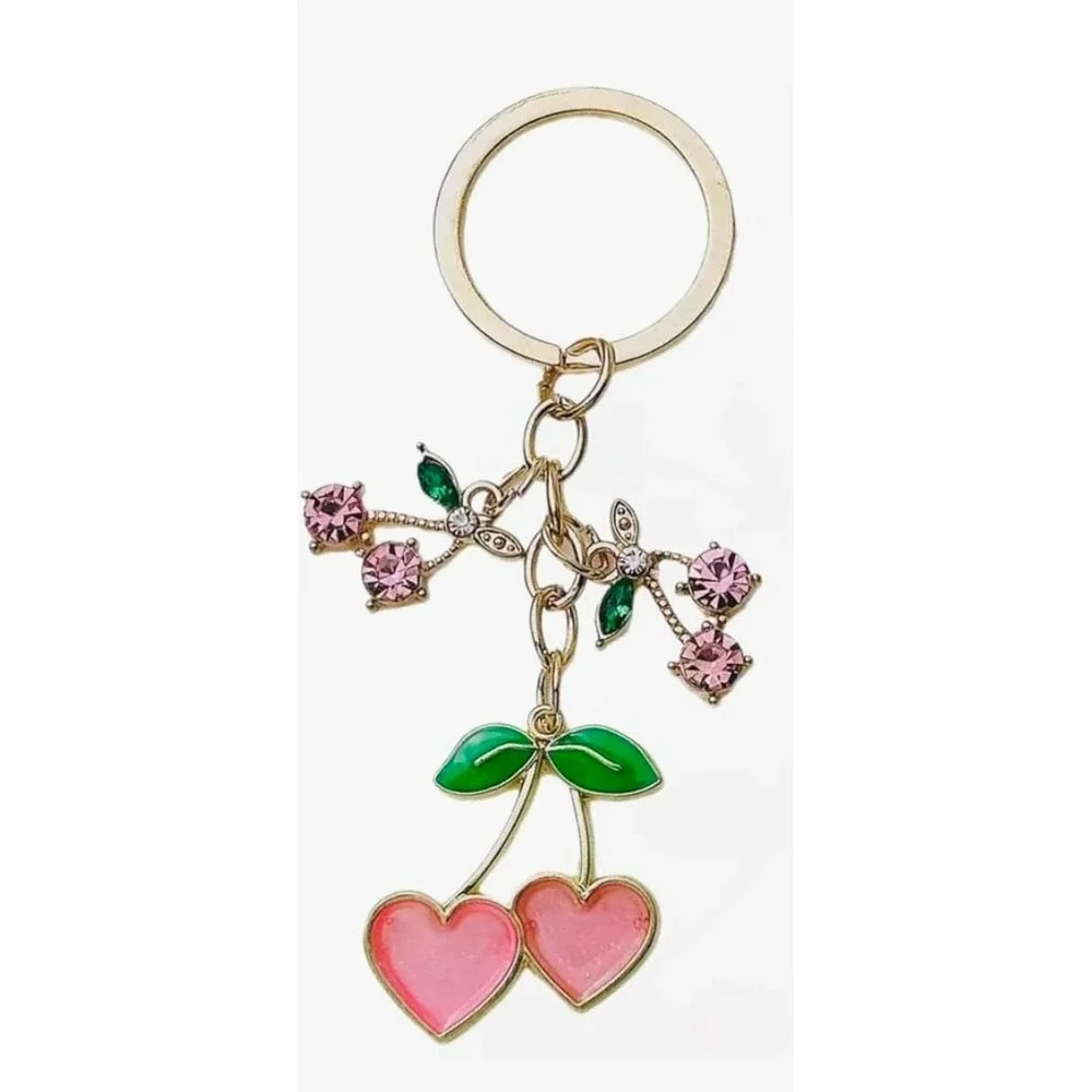 Pink Heart Cherry Keychain | Gold Tone Cherry Charm Purse Accessory